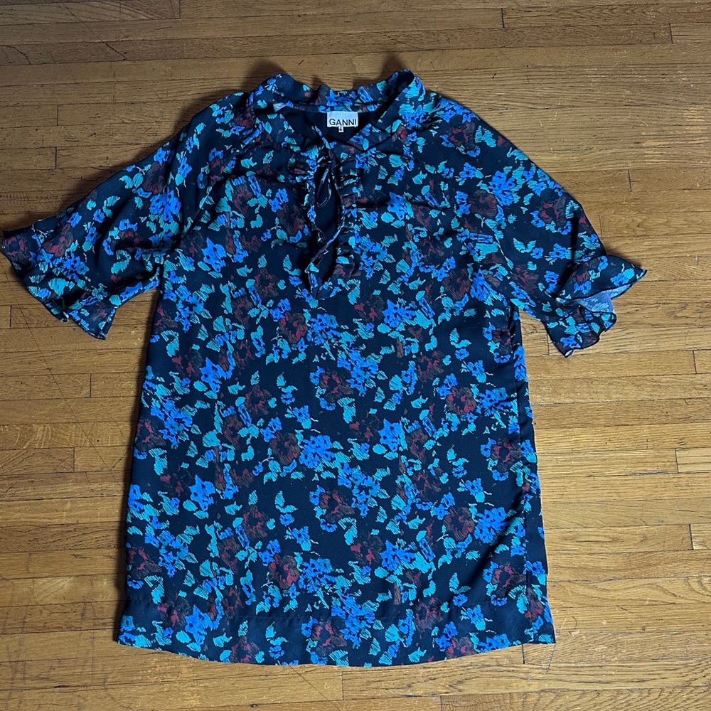 Ganni Black Dress with Blue and Red Floral Pattern- size 36